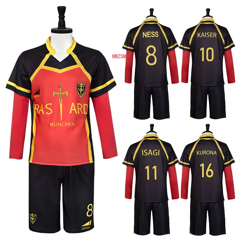 

Anime Blue Lock Cosplay Costume Bastard Munchen Red Uniform Ness Kaiser Isagi Yukimiya Kurona Kunigami Football Soccer Set