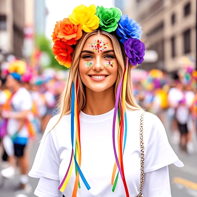 2pcs Rainbow Rose Flower Tassel Headband Costume Set Includes Personalized Party Headpiece Vibrant Multicolored Face Stickers