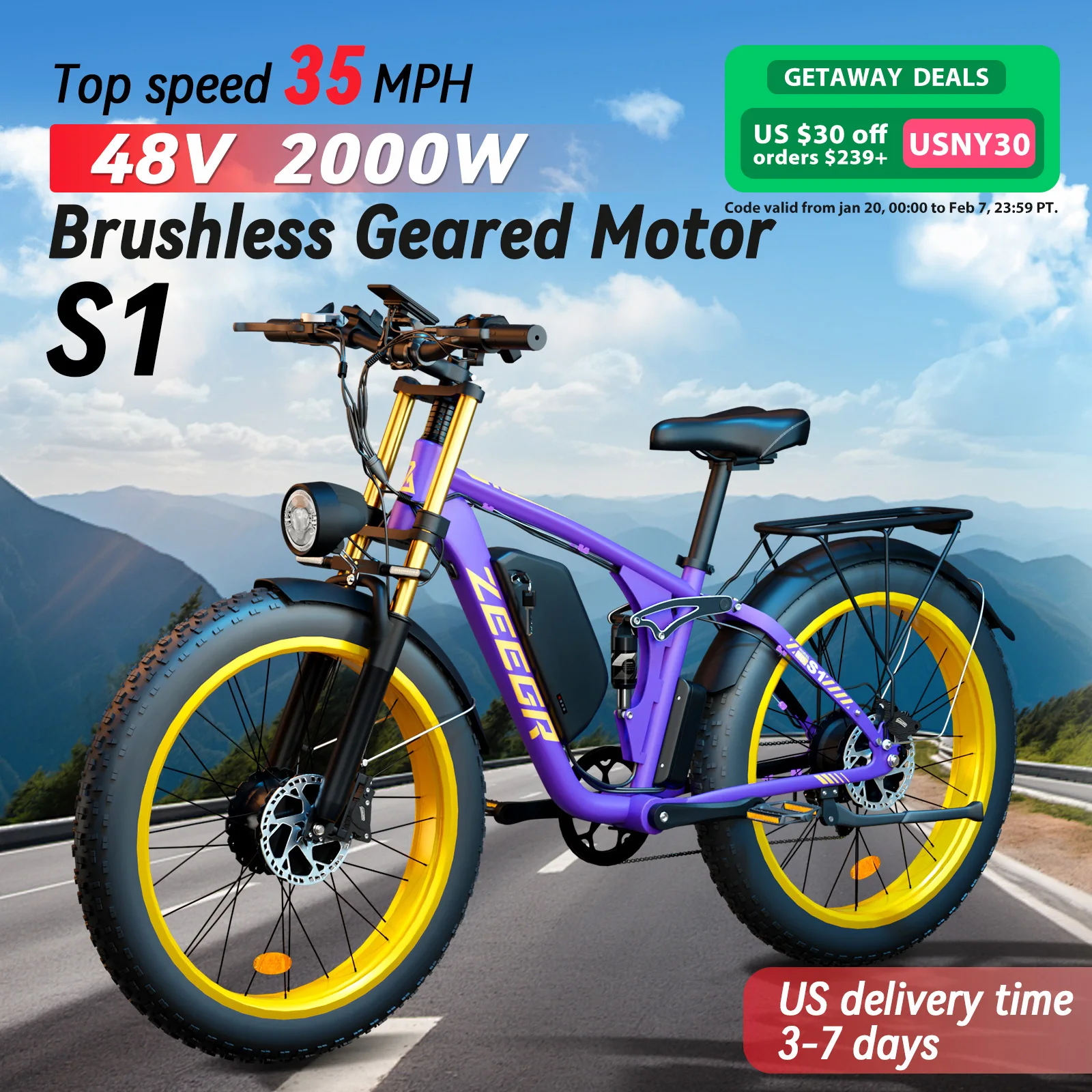 Zeegr S1 Electric Mountain Bike - Dual Motor, Full Suspension, 35MPH Speed, 80 Mile Range, Perfect for Off-Road Adventures