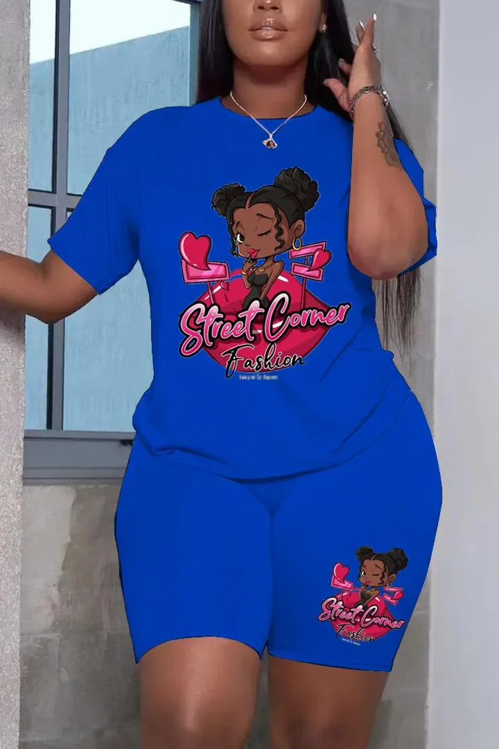 Damski zestaw Plus Size Letni swobodny top z krótkim rękawem T-shirt i krótkie spodnie Dwuczęściowy zestaw z nadrukiem z kreskówek Plus Size