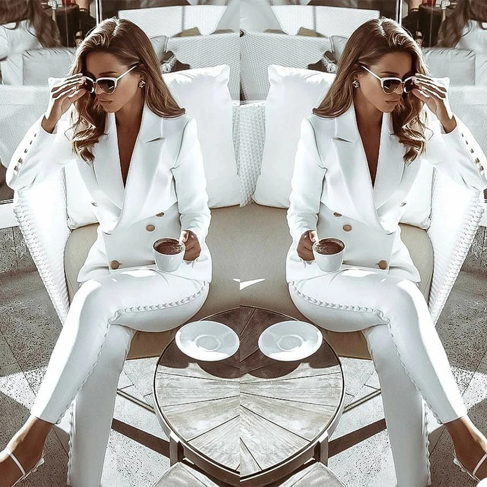 WhitePants Suits  Slim Fit Double Breasted Leisure Outfits Evening Party Mother Of The Bride Wedding Formal Wear 2 Pcs Blazer