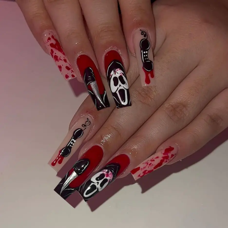Uñas postizas largas de ballet para Halloween 2025, diseño de novia zombie, fantasma, calabaza, uñas falsas reutilizables 4