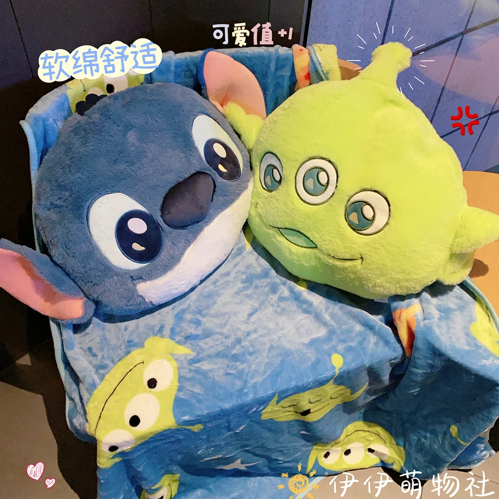 ディズニーステッチエイリアンぬいぐるみ枕ブランケット、かわいい柔らかいぬいぐるみ枕、ポータブルトラベルブランケット、女の子へのギフト