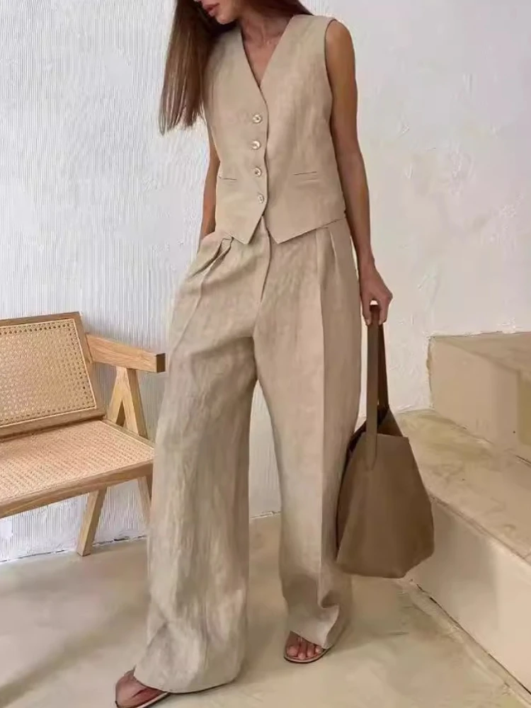 

Fashion Two-Piece Set Office Ladies Autumn Chic 2 Piece Sets Women's Outfits New Women Linen Cotton Chic Vest Pants Suit