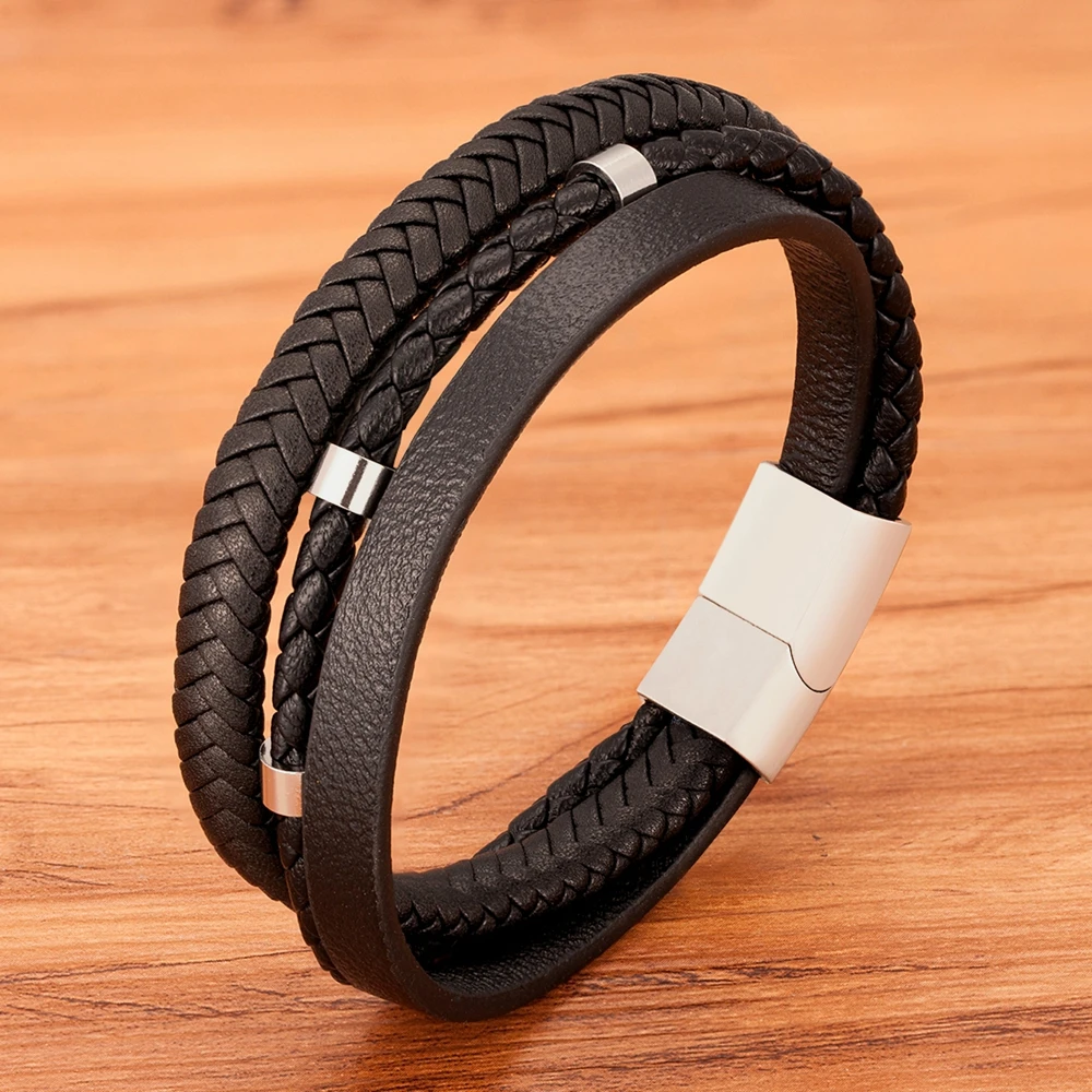 XQNI Three-layer Stainless Steel Stitching Men's Leather Bracelet 3 Color Hand-woven DIY Size Daily Wear Charm Gift Dropshipping