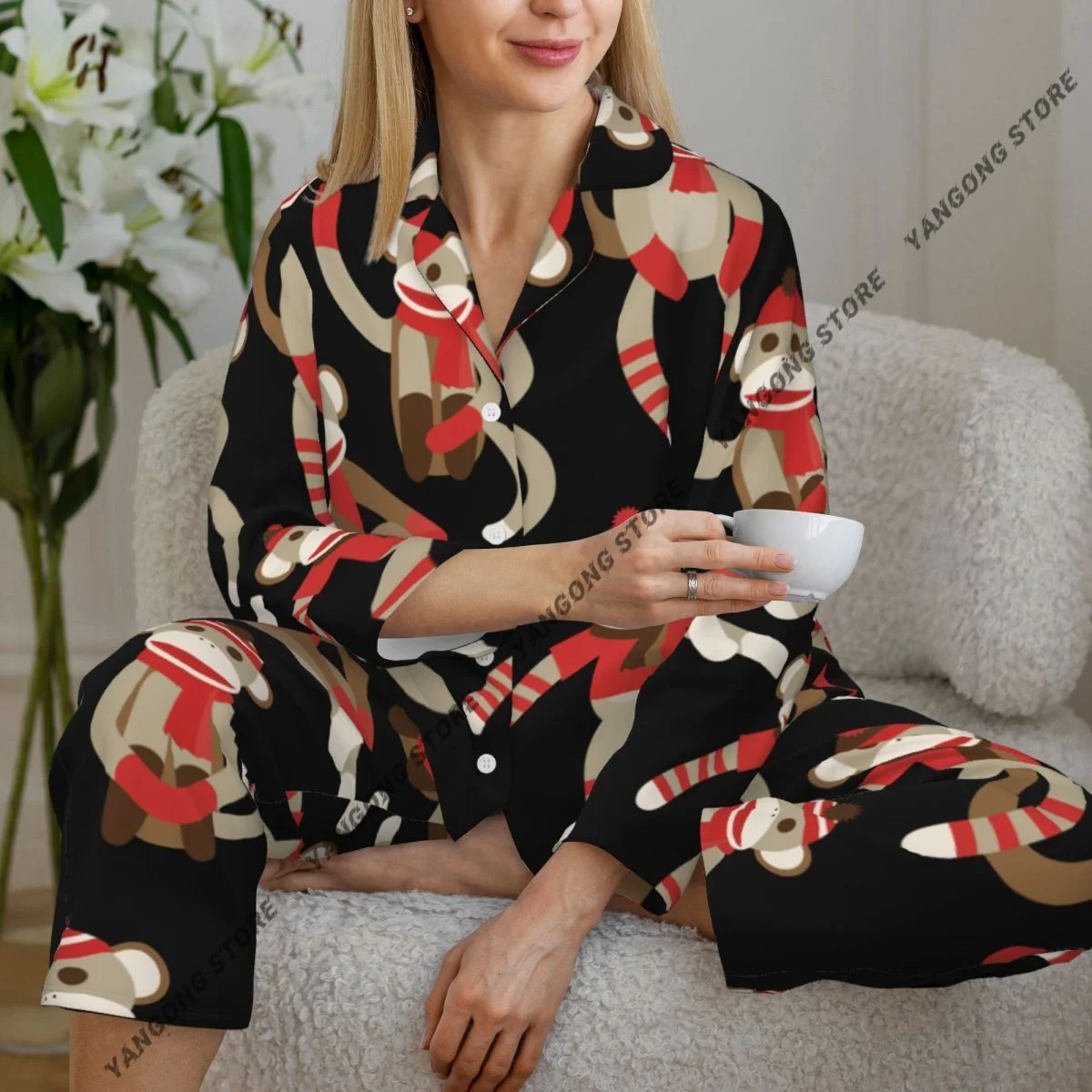 

Women's Pajamas Long-sleeved Girl Loungewear Two-piece Set Christmas Sock Monkey Pajamas for Autumn Spring