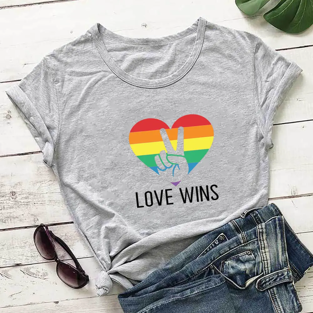 

Женская хлопковая рубашка Love Wins, Повседневная Блузка с коротким рукавом и принтом в виде радуги и сердца, лето 100%