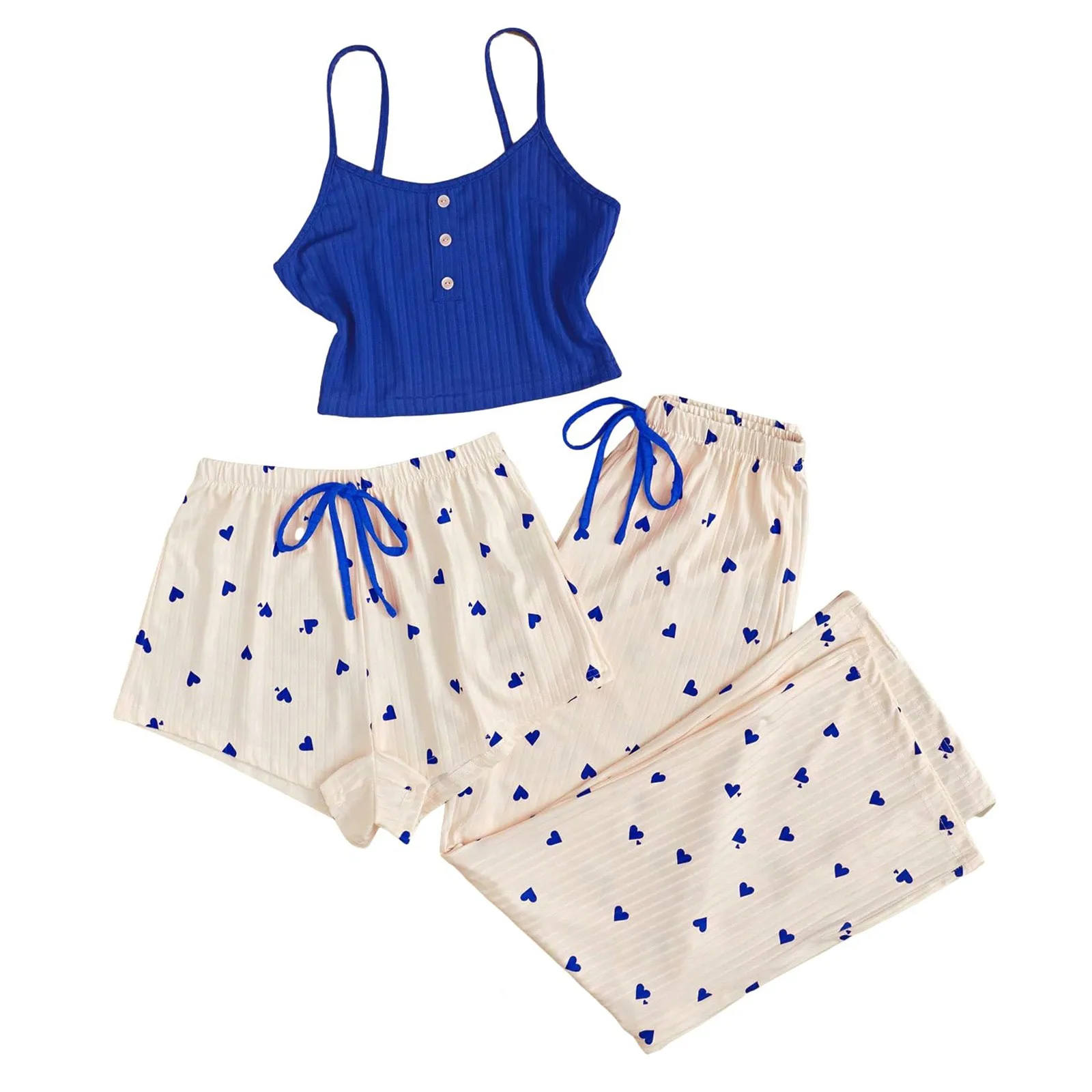 

Three Piece Women's Heart-Shaped Printed Vest Shorts and Pants Paired with Ribbed Fabric for Home Casual Women's Sleepwear Set