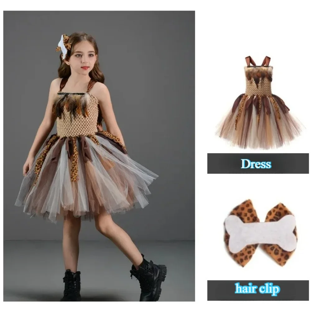 Savage Primitive Caveman Tutu-Kleid für Mädchen, Leopardenmuster-Outfit, Halloween, Karneval, Dschungel, Festival, Partykleidung, Weihnachten