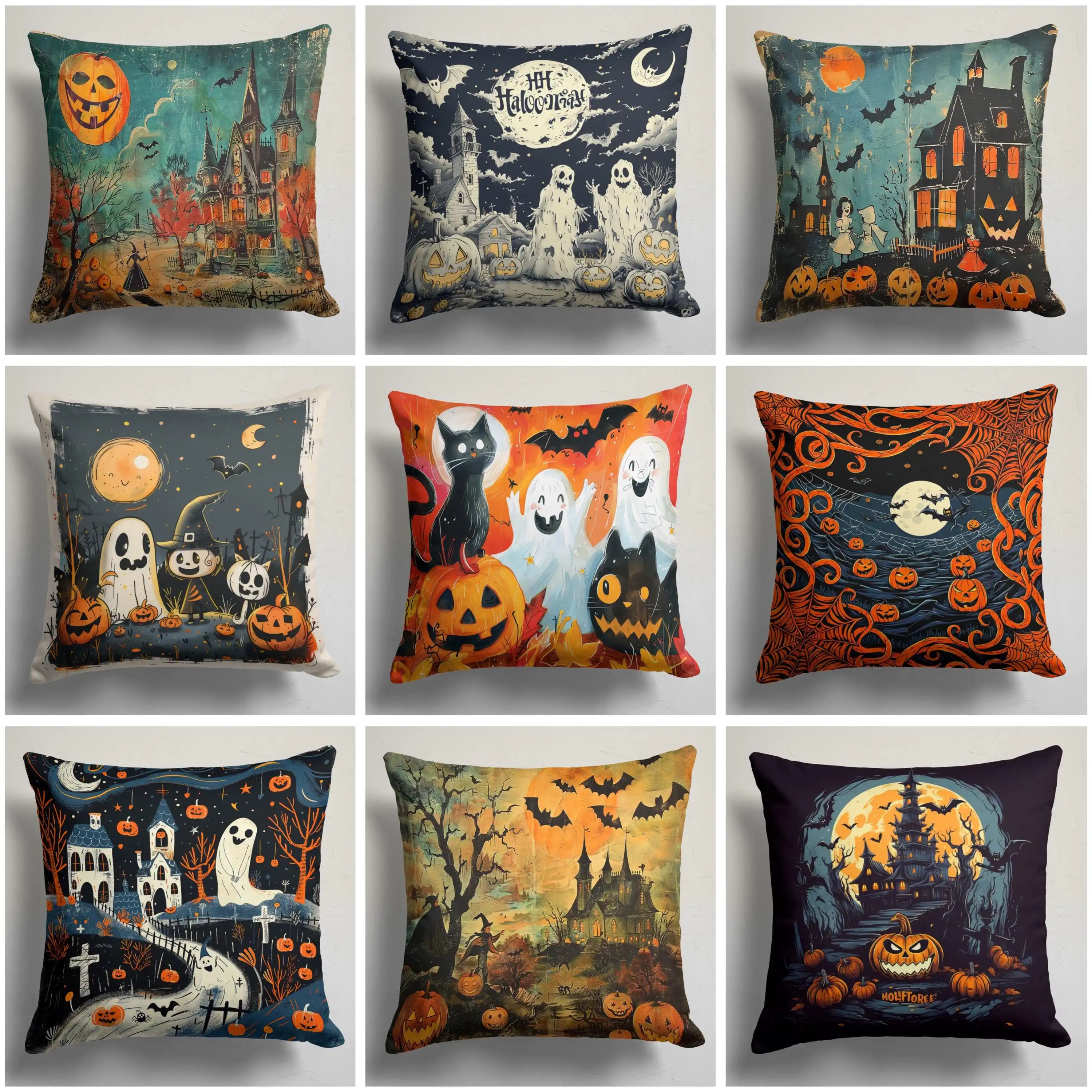 1pc Halloween Pillow Cover Polyester 2D Double Sided Print Ghost Pumpkin Haunted House Decorative Throw Pillow Case for Sofa Cou