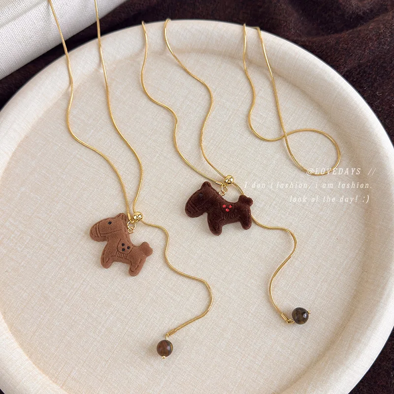Brown Flocked Pony Adjustable Drawstring Sweater Chain Versatile Unique Niche Design for Women Fall Winter