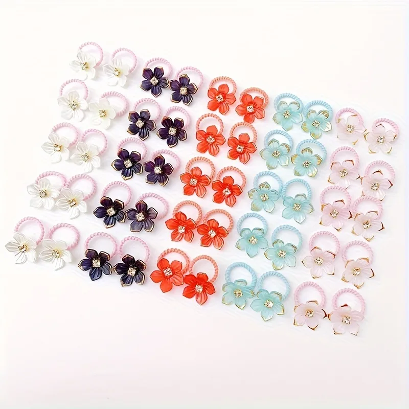 10pcs Girls Elastic Hair Bands with Rhinestone And Flower Decorations High Elasticity Durable Hair Ties for Outdoors And Braidin image 4
