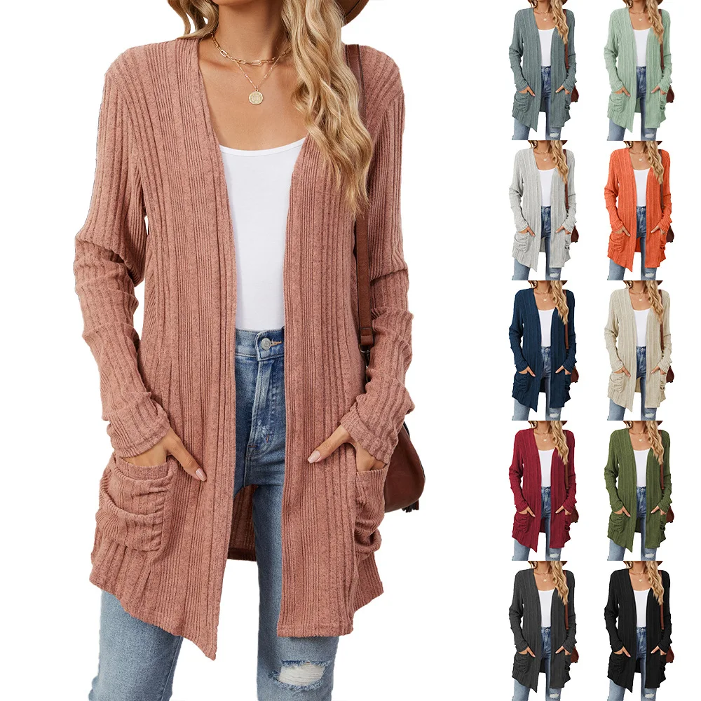 

Autumn Winter New Women's Blouse Vertical Strip Texture Solid Pocket Long Sleeve Bottom Cardigan Knitwear Women Top 11 Color