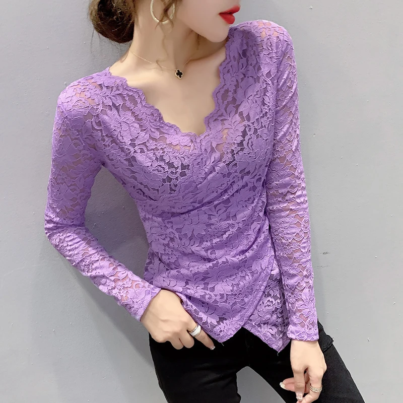 MadBlack-Camiseta europea para mujer, Tops sexis de encaje con cuello en V, camiseta ajustada de manga larga de moda urbana, Otoño Invierno 2024 T4D242CC