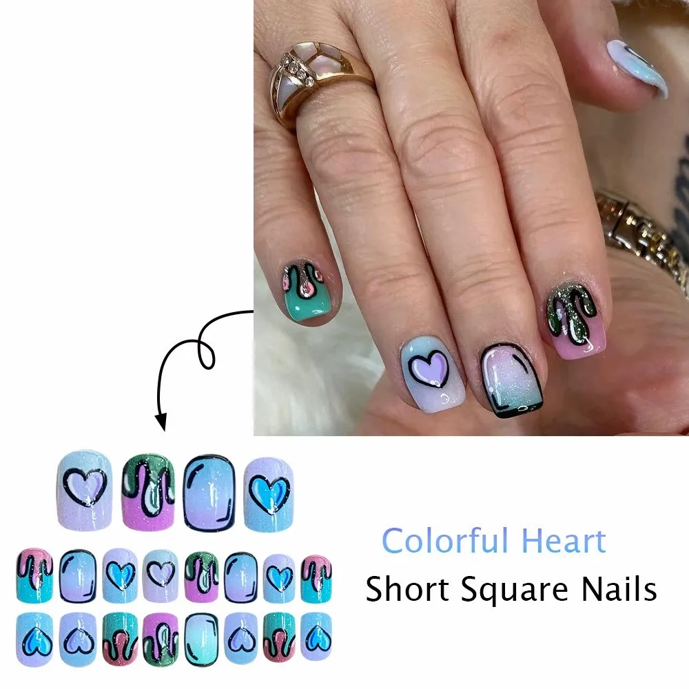 24 ชิ้นไล่โทนสีฮาโลวีนการ์ตูนเล็บปลอมกดบนเล็บสั้นสแควร์ Ins สไตล์อะนิเมะเล็บปลอมที่มีการออกแบบแววสวมใส่