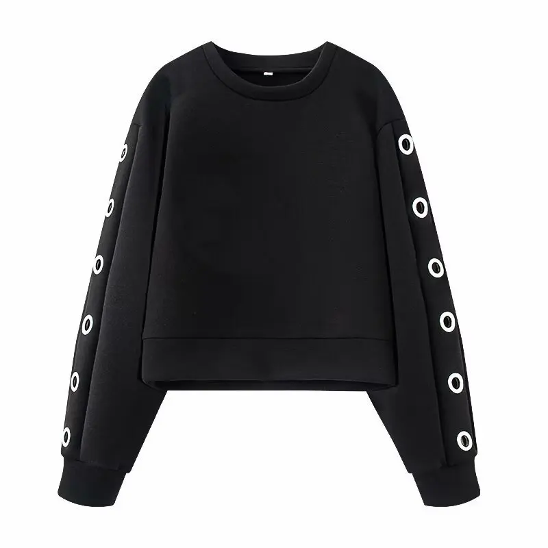 2025 Spring European Metal Buttonhole Punk Hoodie Long Sleeved Loose Pullover Crop Pullover Sweatshirt for Wome