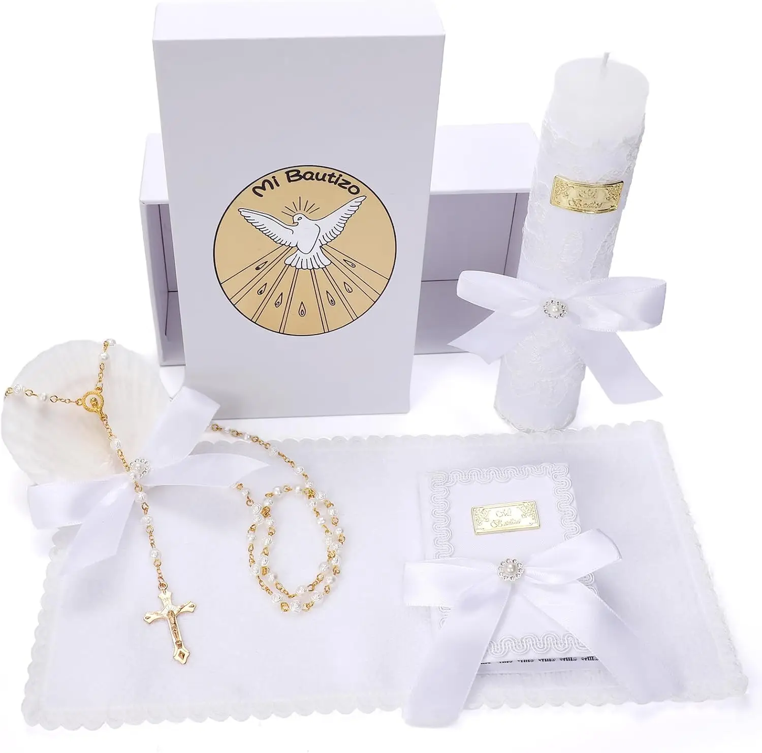 

Baptism Candle Set for Boys and Girls,5 PCS Baptism Kit Catholic Candle,Baptismal Shell,Towel,Rosary
