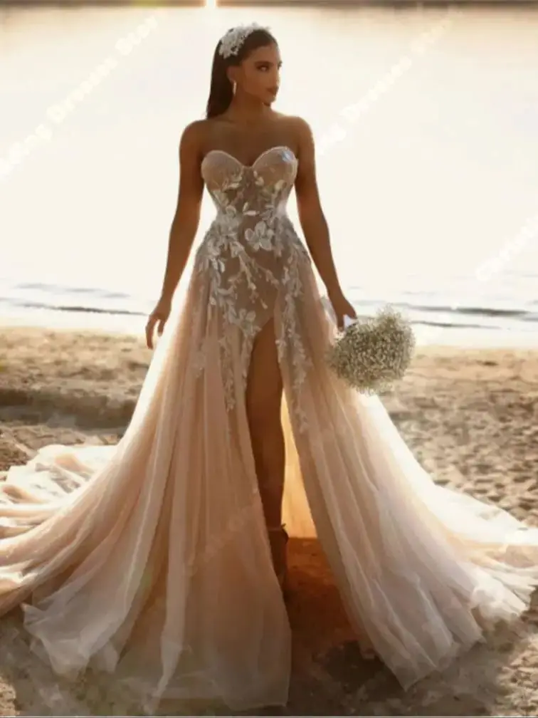 Abiti da sposa con colletto a cuore glamour Appliques di pizzo Puff senza maniche abito su misura forcella alta principessa Vestidos De Noche