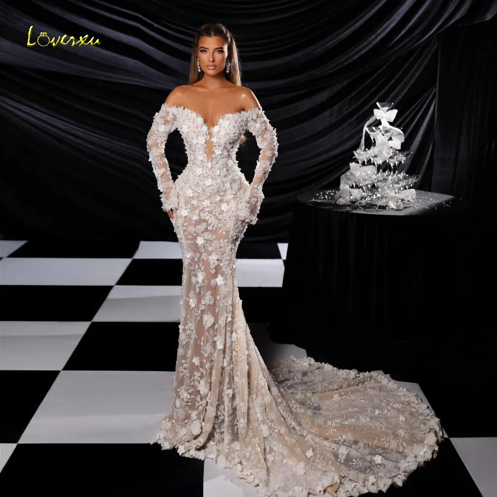 

Loverxu Mermaid Sexy Wedding Dresses Sweetheart Off The Shoulder Vestido De Novia Lace Beaded 3D Flowers Custom Made Bridal Gown