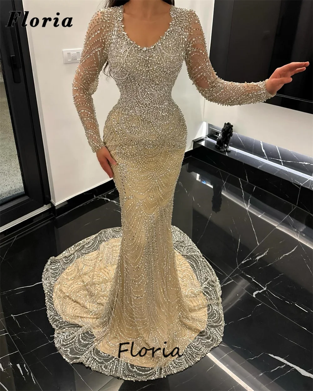 Full Beaded Mermaid Celebrity Dresses Elegant Plus Size Rhinestone Sliver Evening Dresses For Women Robes De Soiree Party Dress