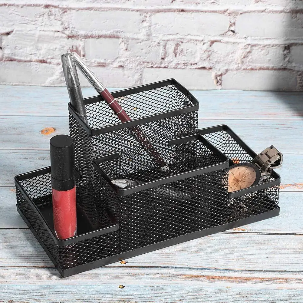 Mesh Desk Organizer Desktop Pen Holder 4 Compartments Metal Stationary Organizer Desk Caddy For Office Home