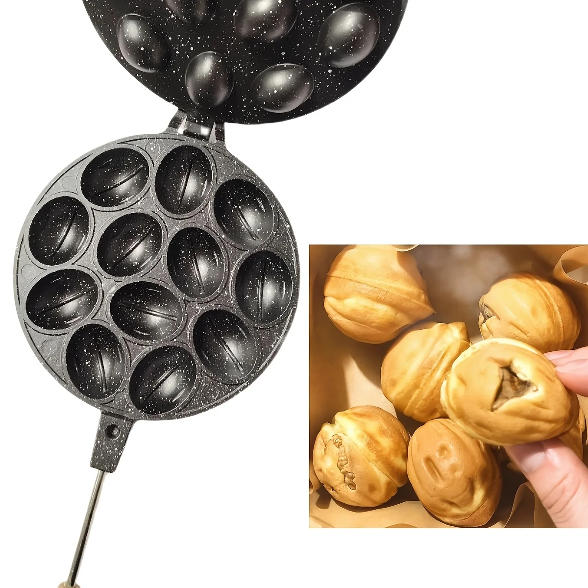 12-Cavity Round Pecan Mold Egg Waffle Pan for Gas Stove Universal Baking Mold for Walnut-Shaped Cakes and Egg Pancakes