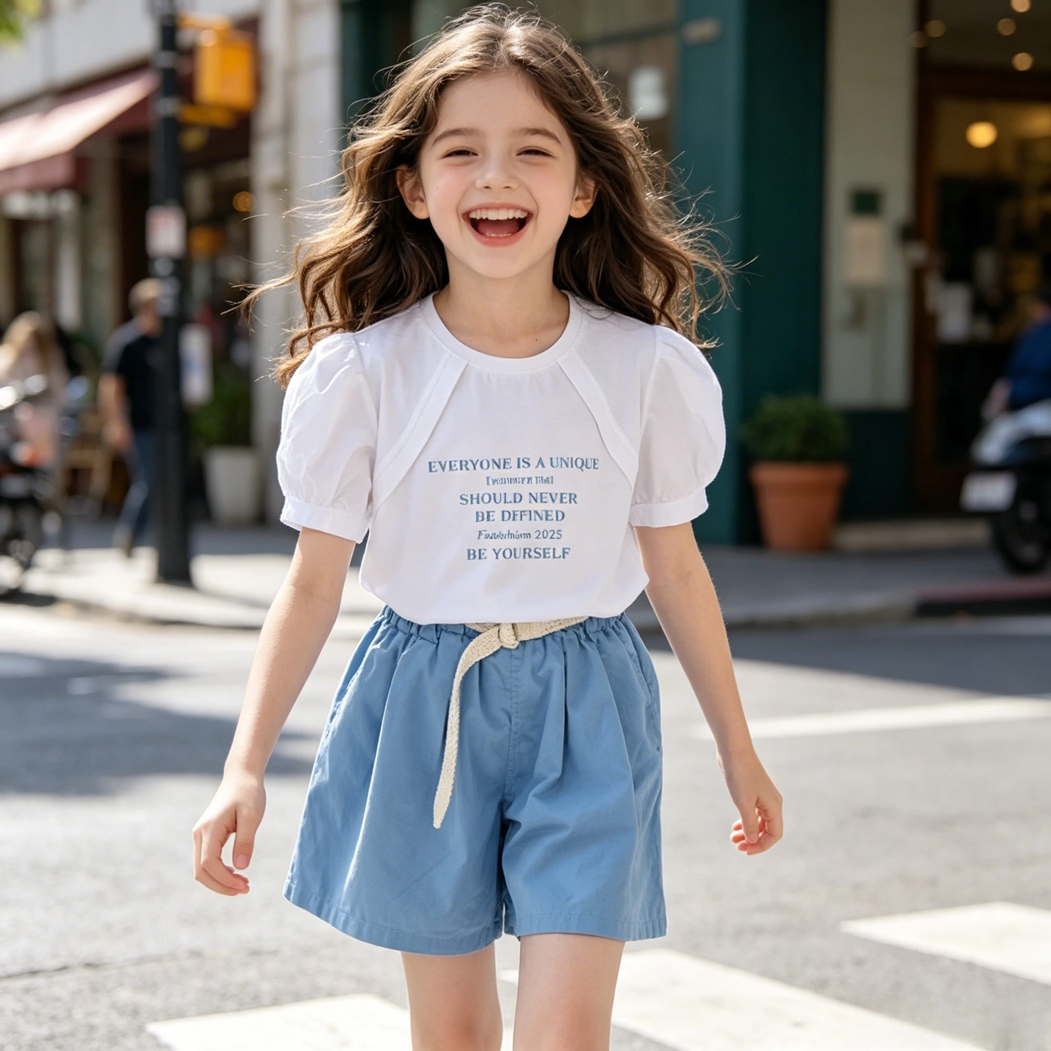 

Teenage Kids White Puff Sleeve T-Shirt & Blue Shorts 2-Piece Set Girls Casual Outfit with Belt Summer Trips Hangouts Daily Wear