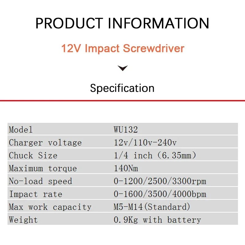 Worx Cordless Impact Screwdriver WU132 140Nm 12v 3300rpm Brushless Motor Adjust Torque Univeral Orange and Green Battery Pack