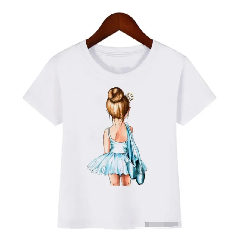 Hot Sale Summer Girls  Blue Rainbow Ballet Dance Print Tshirt Cute Toddler T Shirt for Kids Dance Costume Short Sleeve Tops