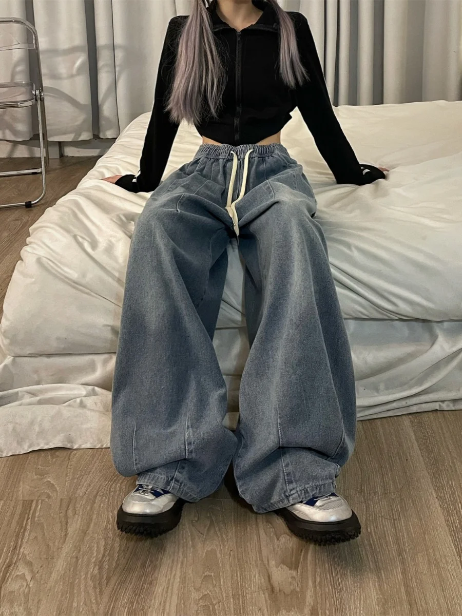 

Джинсы больших размеров в американском ретро-стиле для женщин: осенне-зимние длинные брюки-фонарики, свободные, широкие, с высокой талией, винтажные