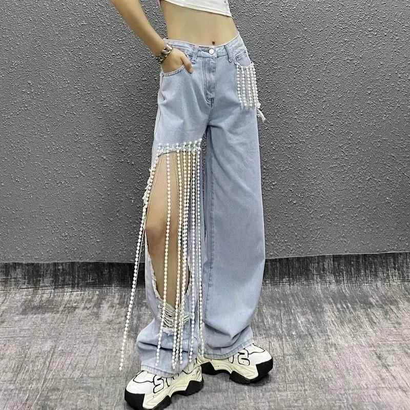 2025 Heavy Industry Pearl Chain Ripped Straight Jeans Women Spring and Summer Street Style Fashion High Waist Loose Jeans Female