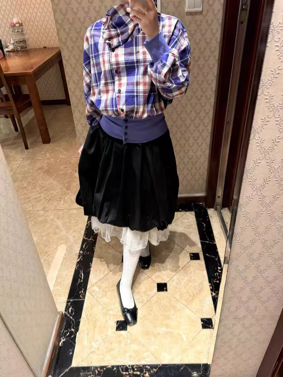Retro Black Bubble Half Skirt Women's Spring Autumn New Versatile Slim Splicing Lace Bloom Skirt mid Length