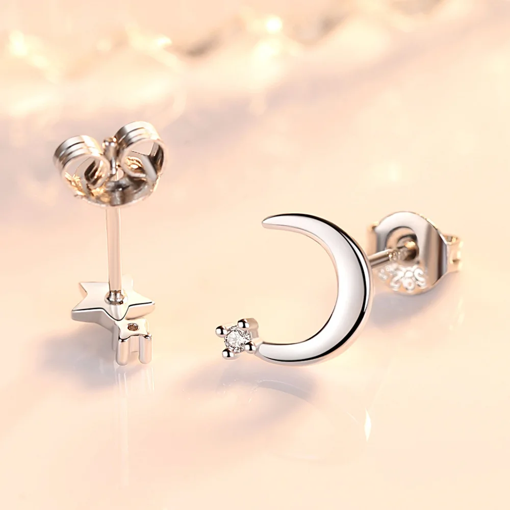 Real 925 Sterling Silver Jewelry Fashion High-qaulity Crystal Asymmetrical Moon Star Stud Earrings For Woman New XY0242