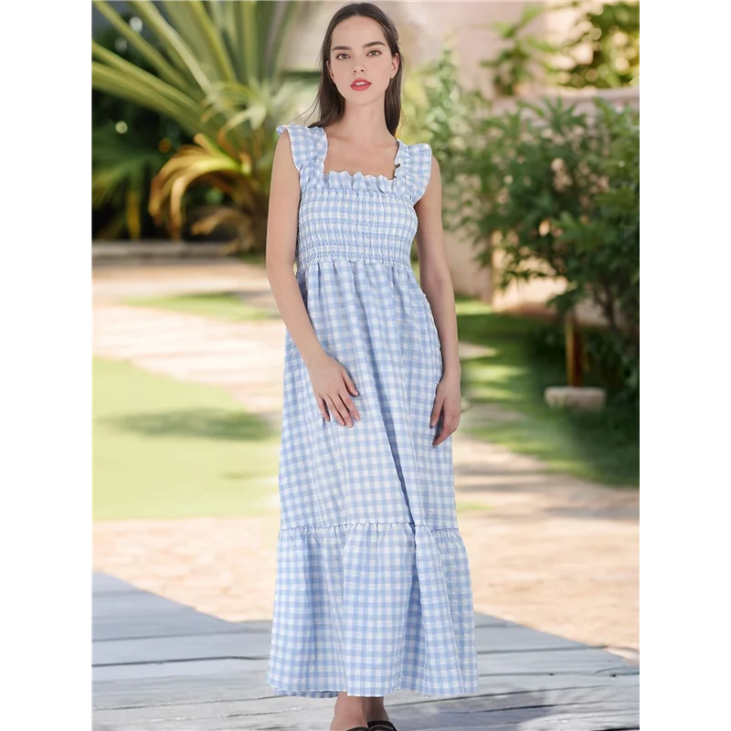 FX-Abito lungo da donna con volant scozzese retrò e cinturino per spaghetti