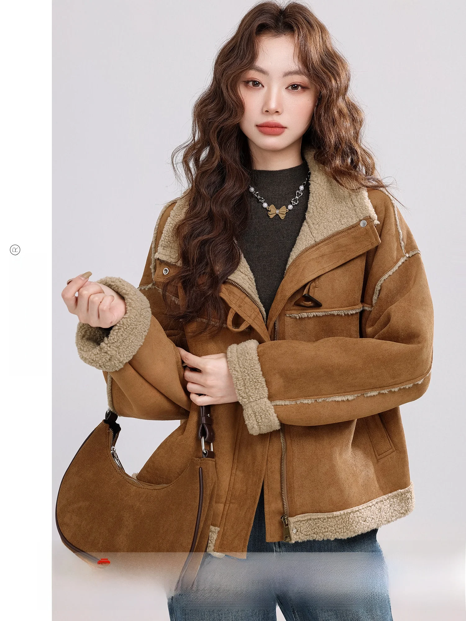 

Retro Sle Brown Suede Fce Lined Women's Jaet Winter Outerwear Wind Resistant Long Sve Zipper Closure Color