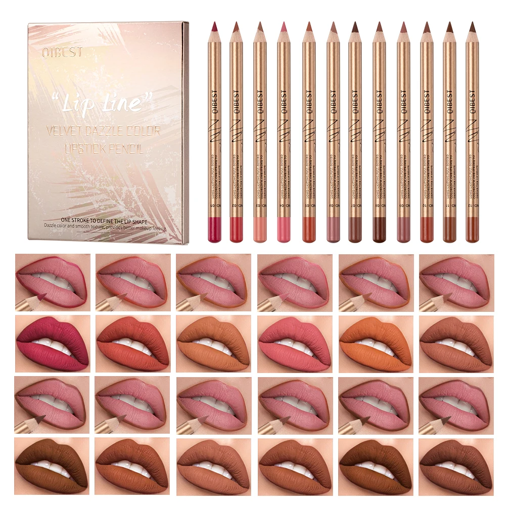 QIBEST Lip Liner-Stift-Set, 12 Farben, mattierter Lippenstift-Stift-Stift-Stift-Stift, wasserfest, antihaftbeschichtet, Lippentönung, langanhaltendes Lipliner-Make-up für Frauen