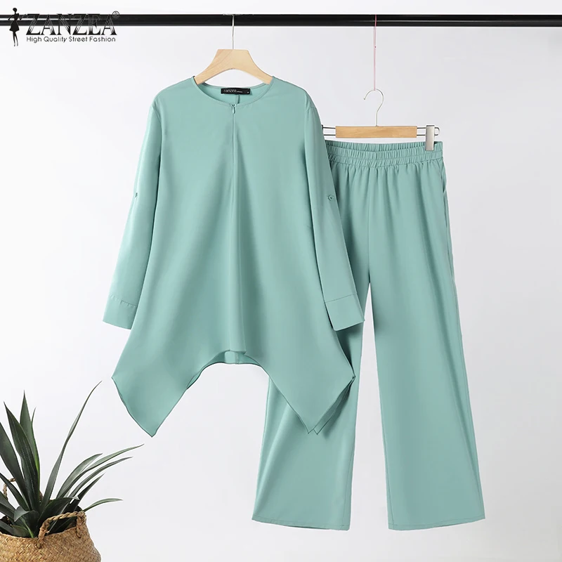 

Мусульманские женские скромные модные брючные костюмы: блузка с длинным рукавом и асимметричным подолом и широкие брюки, комплект из 2 предметов ZANZEA, свободные наряды