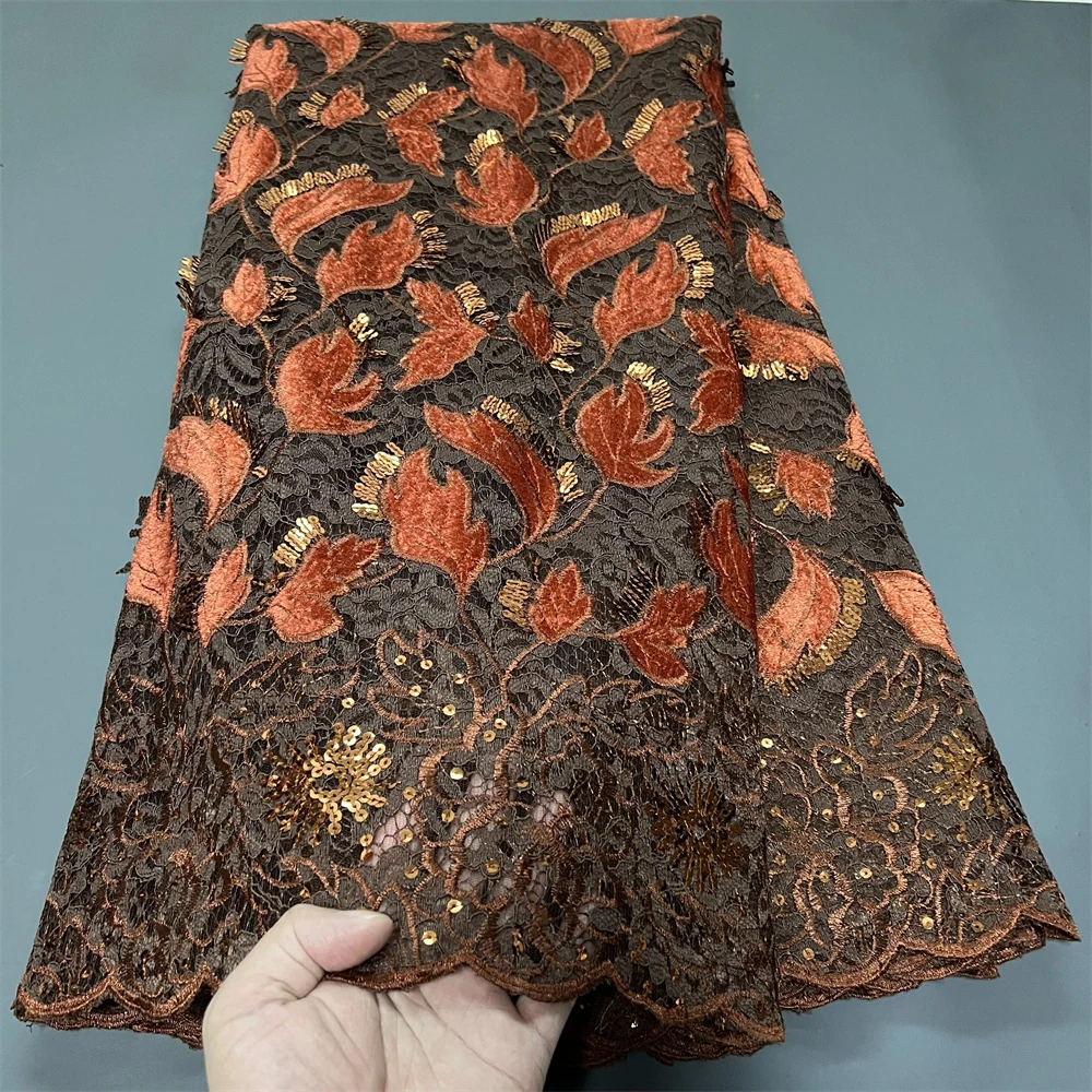 2025 Latest High Quality African Nigerian With Tulle Sewing Lace Fabric Guipure Embroidery Dresses Sequins 5Yards PS0089