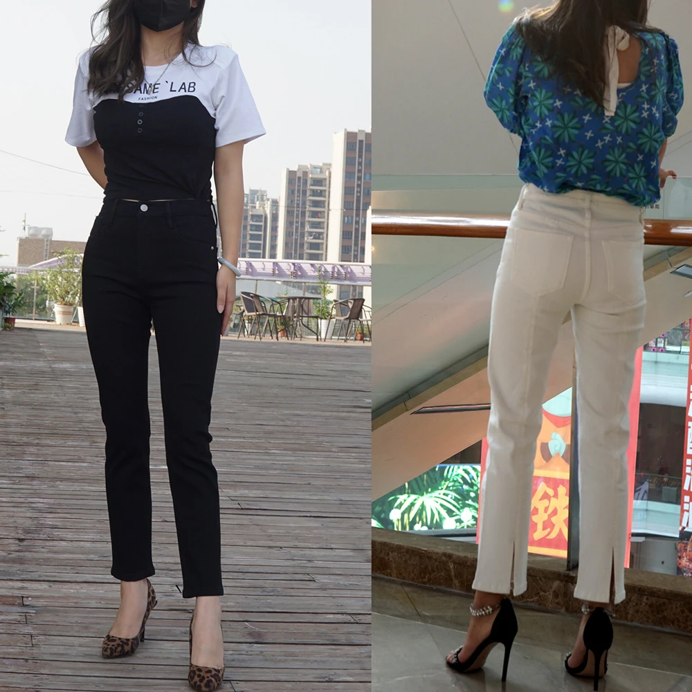 Women elasticity slim denim pants high waist fashion lady casual straight jeans