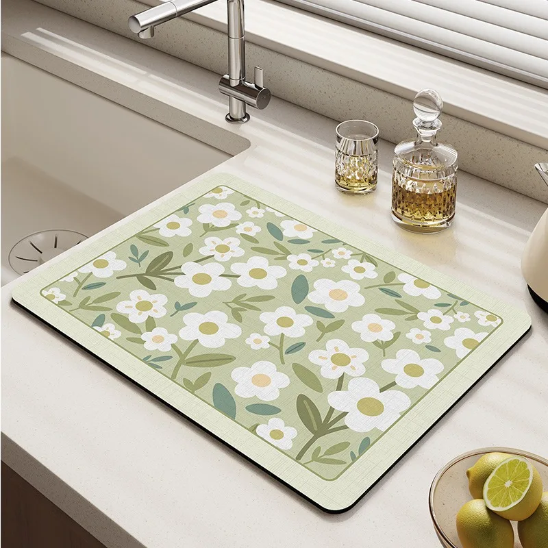 KitchenTablecloth Water-absorbing Anti-fouling Drainage Table Mats PVC Diatom Mud Dining Rugs Flower Pattern Home Decorative Mat