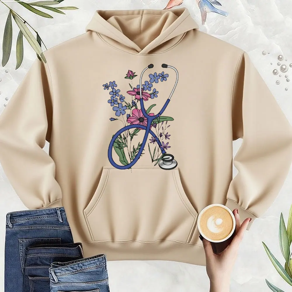 Floral Stethoscope Sweatshirt Nurse Doctor Gift Autumn and Winter Keep Warm Tracksuit Women Unisex Hoodie New Casual Simple