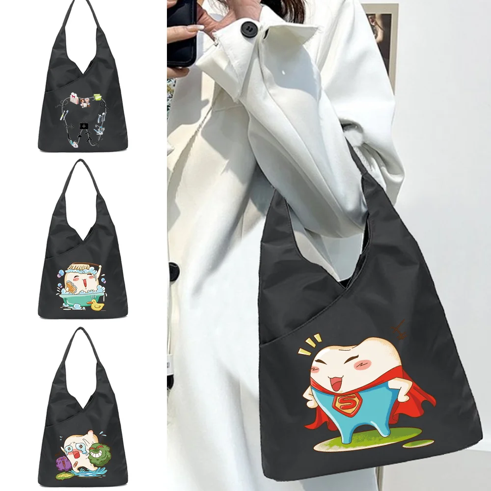 

Waterproof Nylon Tote Foldable Handbag Casual Large Capacity New Ladies Shopping Bag Eco-friendly Shoulder Bags Teeth Print