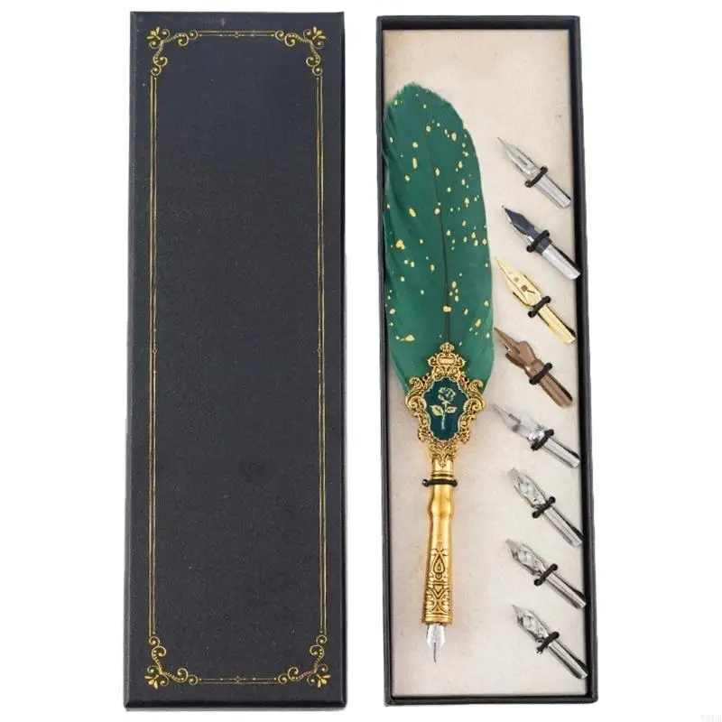 Y5LB Antique Quill Pen with 8 Replaceable Tips for Beginner Kid Adult Writing Art Drawing