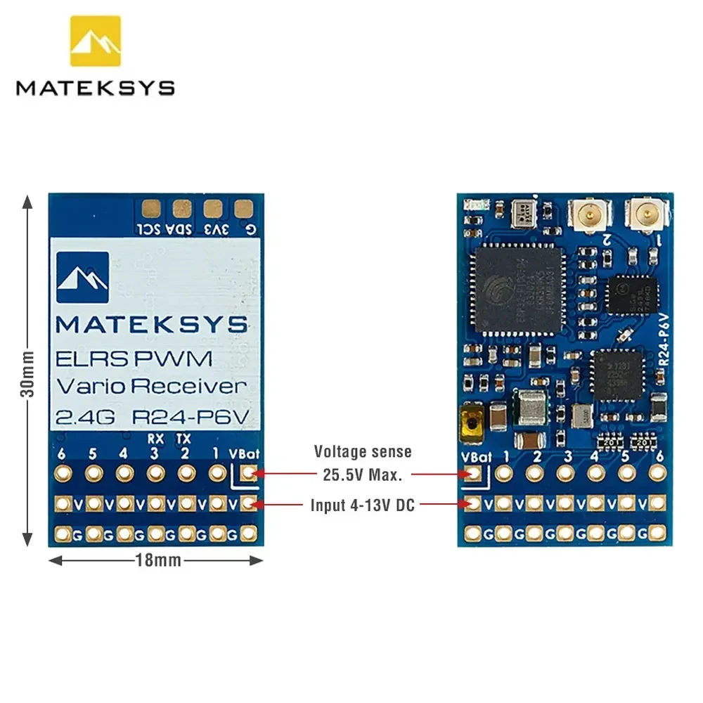 

MATEK MATEKSYS R24-P6V EXPRESSLRS 2,4 ГГц ШИМ ВАРИО-приемник 2,4 ГГц ISM 22,5 дБм (180 мВт) для RC FPV Drone