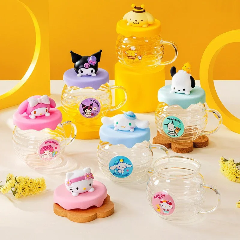 

Sanrio Kawaii Kuromi Glass Cups Hello Kitty Cinnamoroll Anime Cartoon High-looking Home Offices Drinking Cups with Silicone Lid