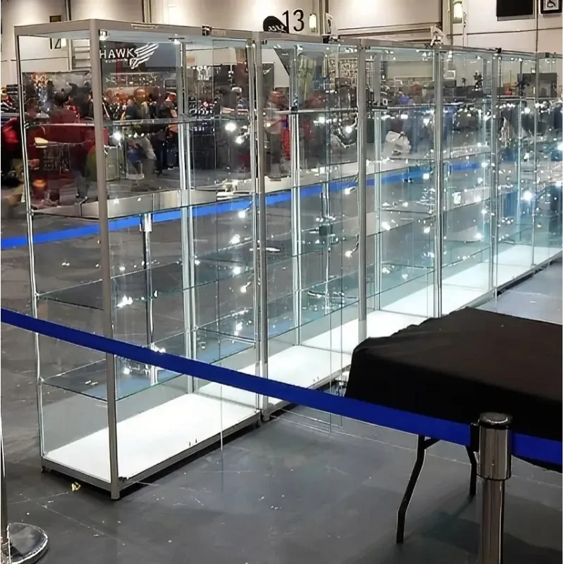 custom，Retail Store Aluminum Frame Tall Cabinet Display Showcase with Glass Doors Adjustable Glass Shelf Wall Vitrine Display Ca