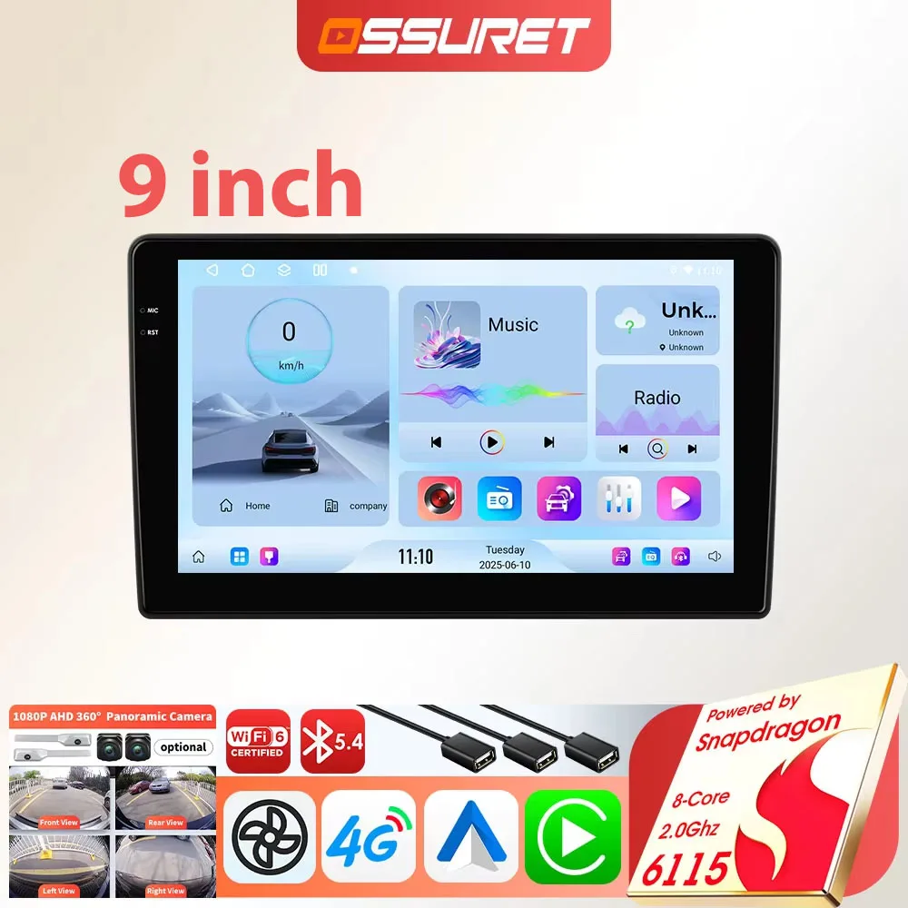 OSSURET 6115 Autoradio Android 8 Core, Lettore Multimediale Universale, Radio con Carplay, GPS Auto, 2 DIN, Schermo Stereo Intelligente per Auto