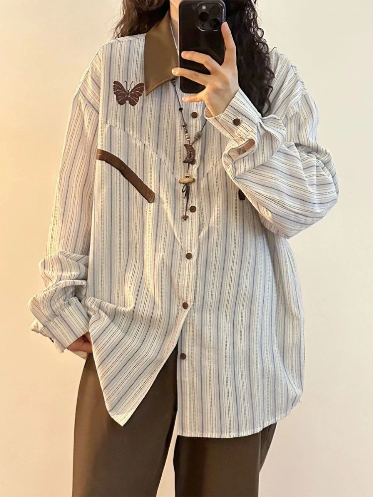 Japanse subcultuur zoete vlinderpatroon T-shirt gestreept lange mouw slanke knop splice nieuwe stijl zachte luie jas herfst