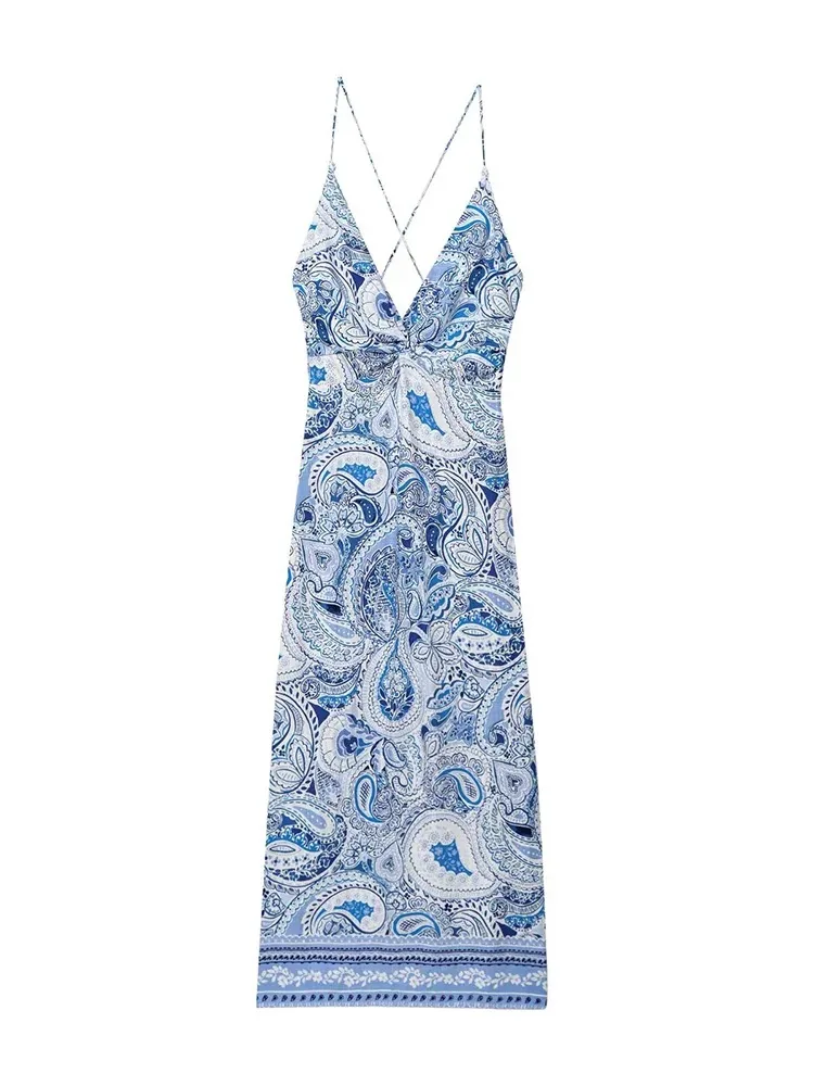 Damska sukienka midi w kwiaty nerkowca z paskiem do spaghetti Seksowna sukienka boho bez pleców z ozdobnym wiązaniem w talii Sukienka midi na plażę Dzielone sukienki wakacyjne