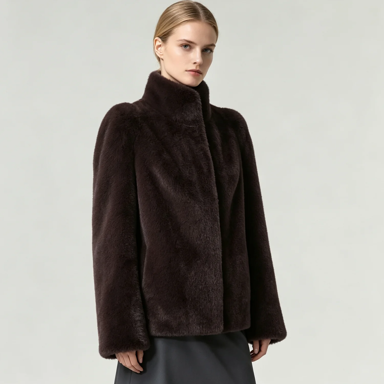 Women Dark Plum Furry Short Coat Stand Collar Long Sleeve Loose Warm Winter Outerwear
